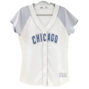 Chicago Cubs Majestic Baseball  Short Sleeve V-Neck White Gray Jersey Size Large